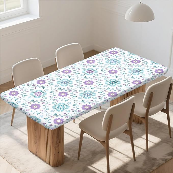 Rectangle Table Cloth Cover Waterproof Elastic Fitted Polyester Fitted Tablecloths for 4 Foot Tables for Indoor,Picnic, Camping, Outdoor （48" x 30"，Geometric Flowers）