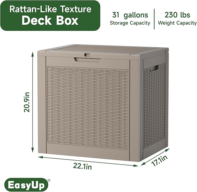 EasyUp 31 Gallon Outdoor Storage Box, Resin Waterproof UV-Resistant Deck Box, Reinforced Stability for Patio, Garden, and Poolside, Rattan Gray
