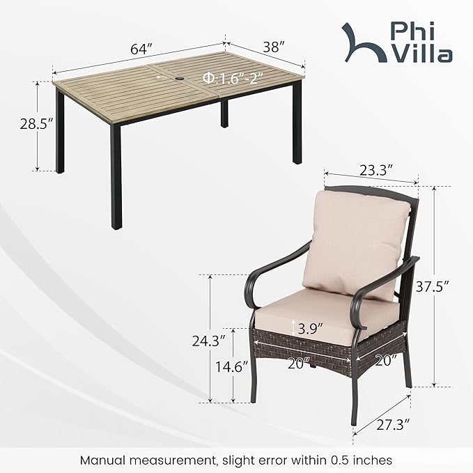 PHI VILLA 7-Piece Outdoor Dining Set, Heavy Duty Patio Table and Chairs Set with Umbrella Hole for 6, 64" Rectangular Patio Woodgrain Metal Table & Metal Wicker Dining Chairs with Cushions