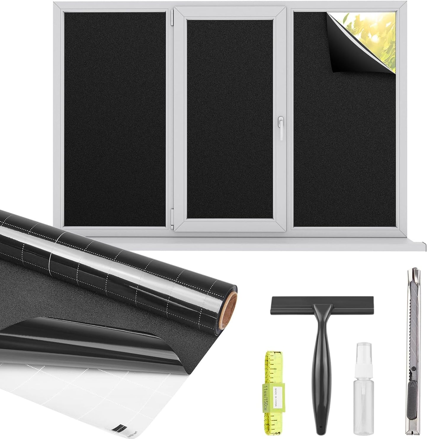 Kromapolis Blackout Window Privacy Film Total Light Blocking Room Darkening Window Covering, Removable Static Cling Frosted Glass Tint, Non-Adhesive, Black 17.5'' x 78.7''