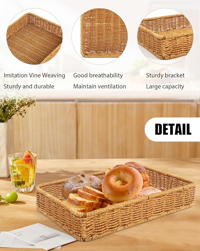 Woven Bread Basket, 3 Pack Wicker Fruit Baskets Rattan Bread Basket Poly Wicker Bread Baskets With Handles For Food Serving, Display, Vegetables, Home Kitchen, Restaurant, Outdoor (Rectangle set)