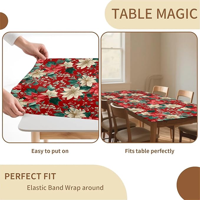 Rectangle Table Cloth Cover Waterproof Elastic Fitted Polyester Fitted Tablecloths for 6 Foot Tables for Indoor,Picnic, Camping, Outdoor （72" x 30"，Christmas Flowers）