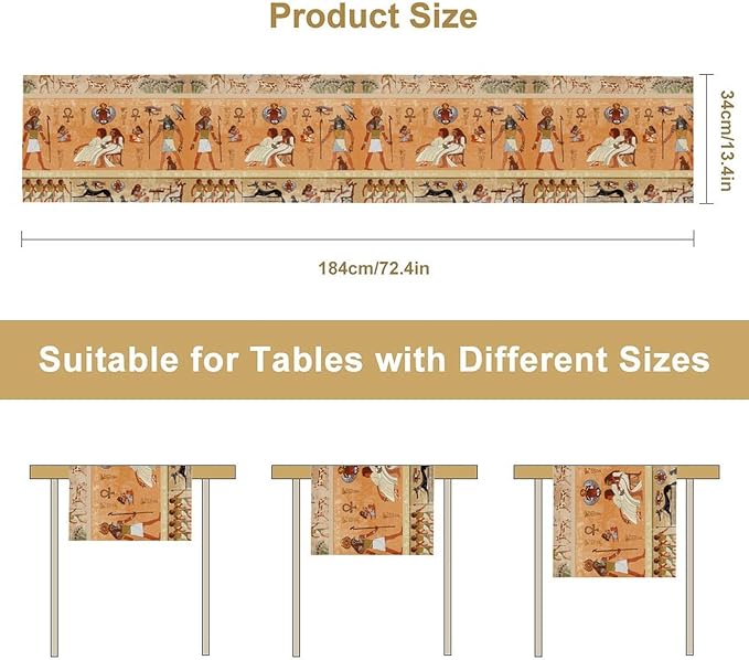 Ancient Table Runner, Mythology Egyptian Gods Pharaohs Antique Golden Hieroglyphs Print Pattern Table Runner for Dining Bedroom Kitchen Party Outdoor 13x90in