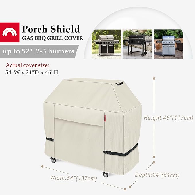 Porch Shield 54W x 24D x 46H inch Premium Gas Grill Cover Up to 52 inch, Waterproof and Fade Resistant 600D BBQ Covers for Weber, Brinkmann, Char-Broil and More, Light Tan