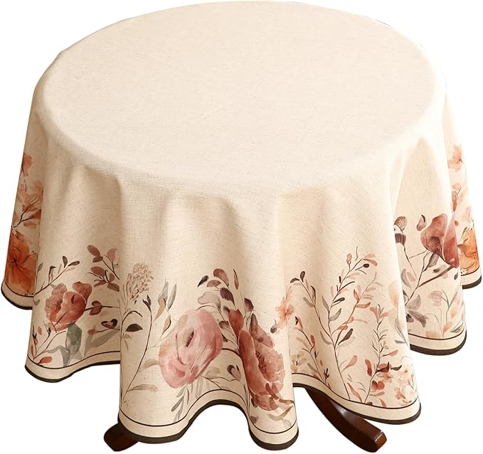 French Linen Round Tablecloth,Vintage Pink Table Floral Pattern Wrinkle Free Tablecloths,Decor Table Cover for Kitchen,Dining,Party,Thanksgiving,Christmas,Diameter 67"-Sloosa