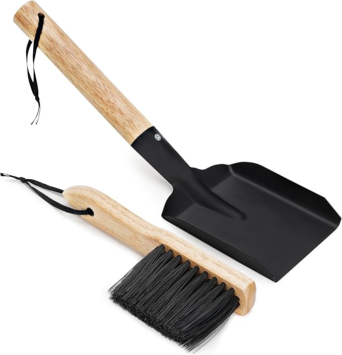 Ash Shovel & Hearth Brush Set - Fireplace Tools Set, Fire Pit Tools, Hearth Tidy Set, Metal Brush Pan Set Made of Natural Wood & Coco Bristles - Wider Scoop