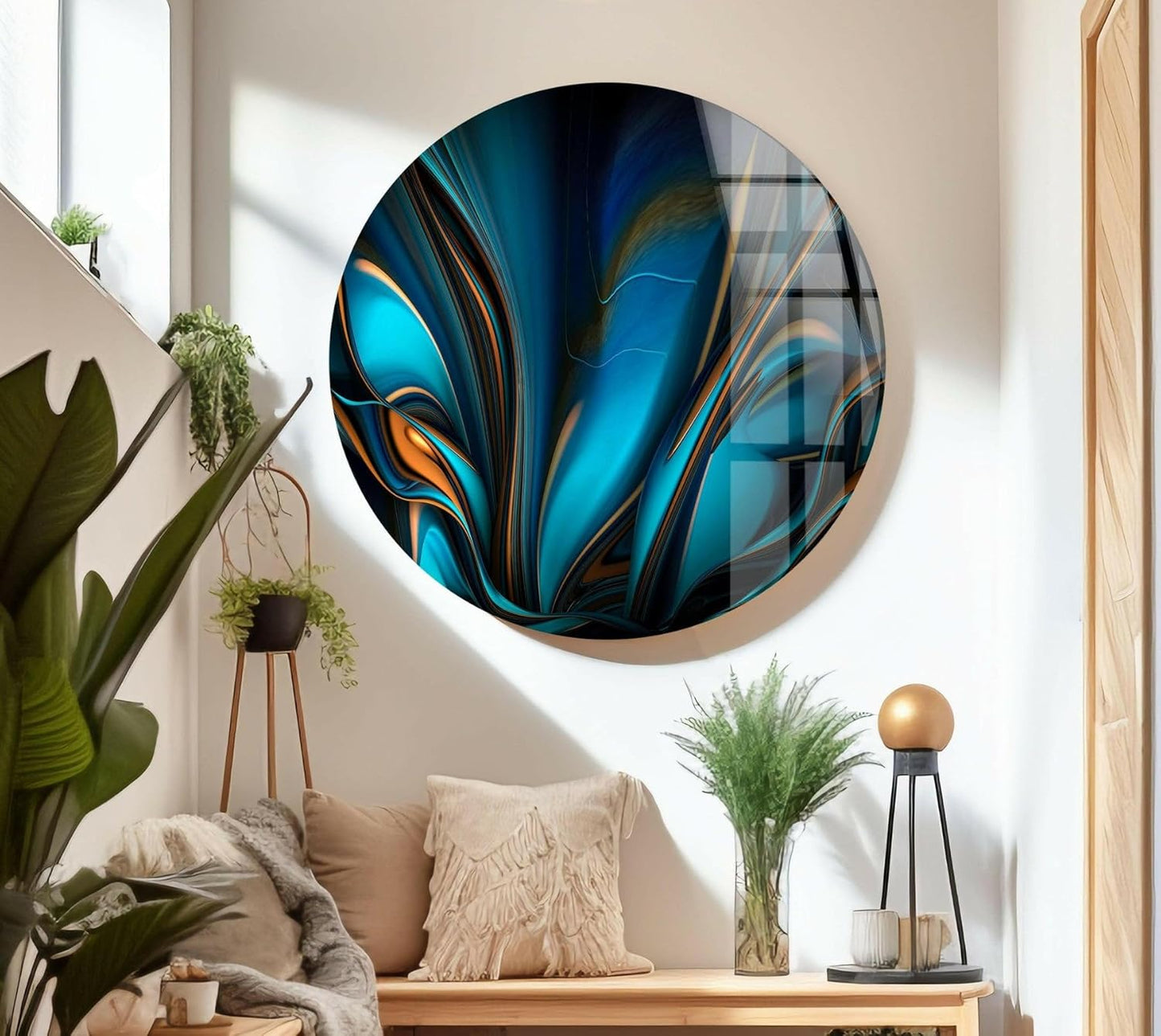 My Photostation.com Round 24'' Orange & Blue Abstract Glass Wall ArtTempered Glass Printing Wall Decor Large Wall Art Wall Hangings