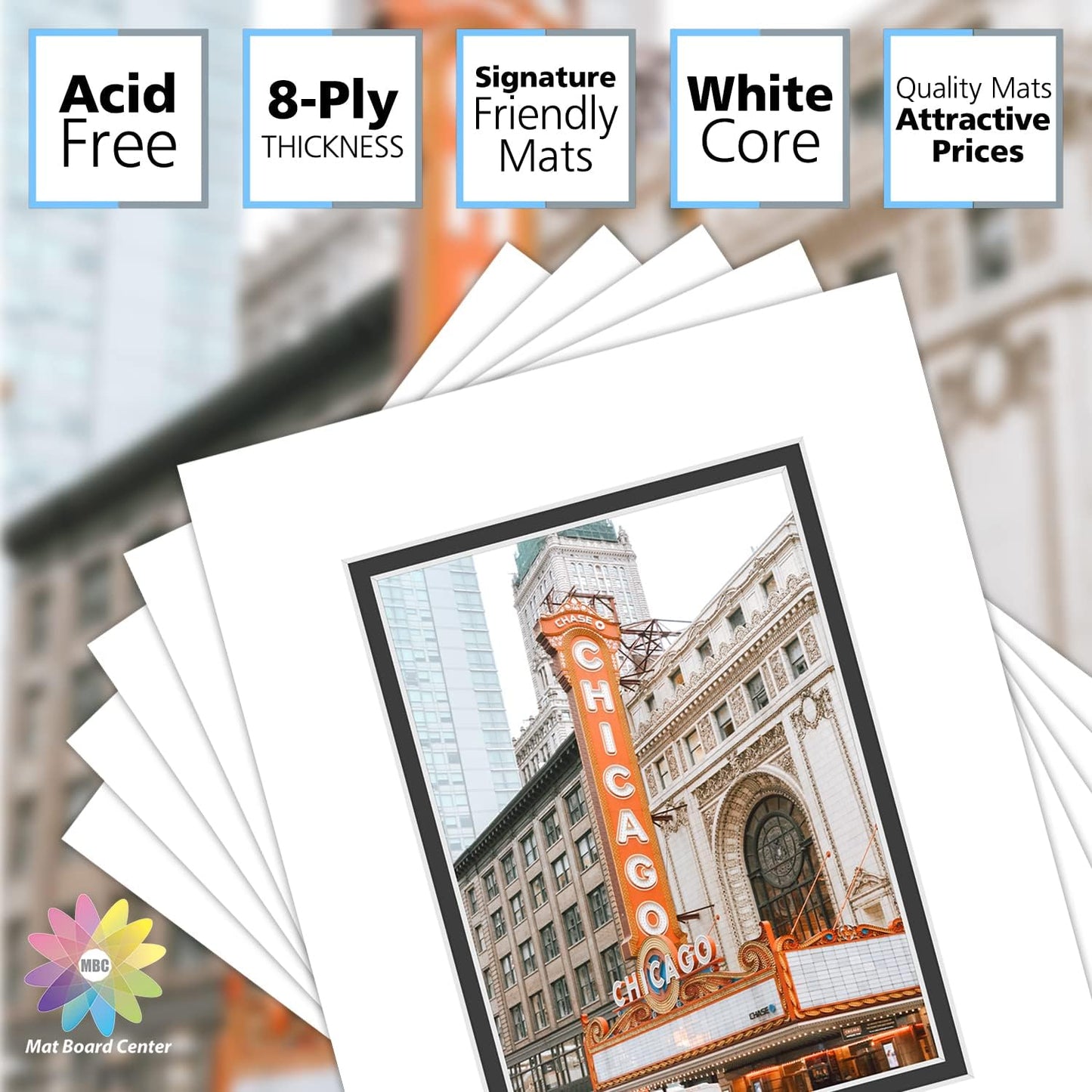 Mat Board Center, Double Mat - Acid Free, 8-ply Thickness, White Core - for Pictures, Photos, Framing (White Over Black, 8x10 for 5x7, Pack of 5)