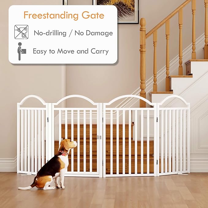 UDD Metal Folding Dog Gate Indoor 96" Extra Wide, 32" Tall Foldable Pet Gate with Door for Stairs Doorways Hallways Porch, Freestanding No Drilling Pet Fence for Dogs Puppy, White 4-Panel