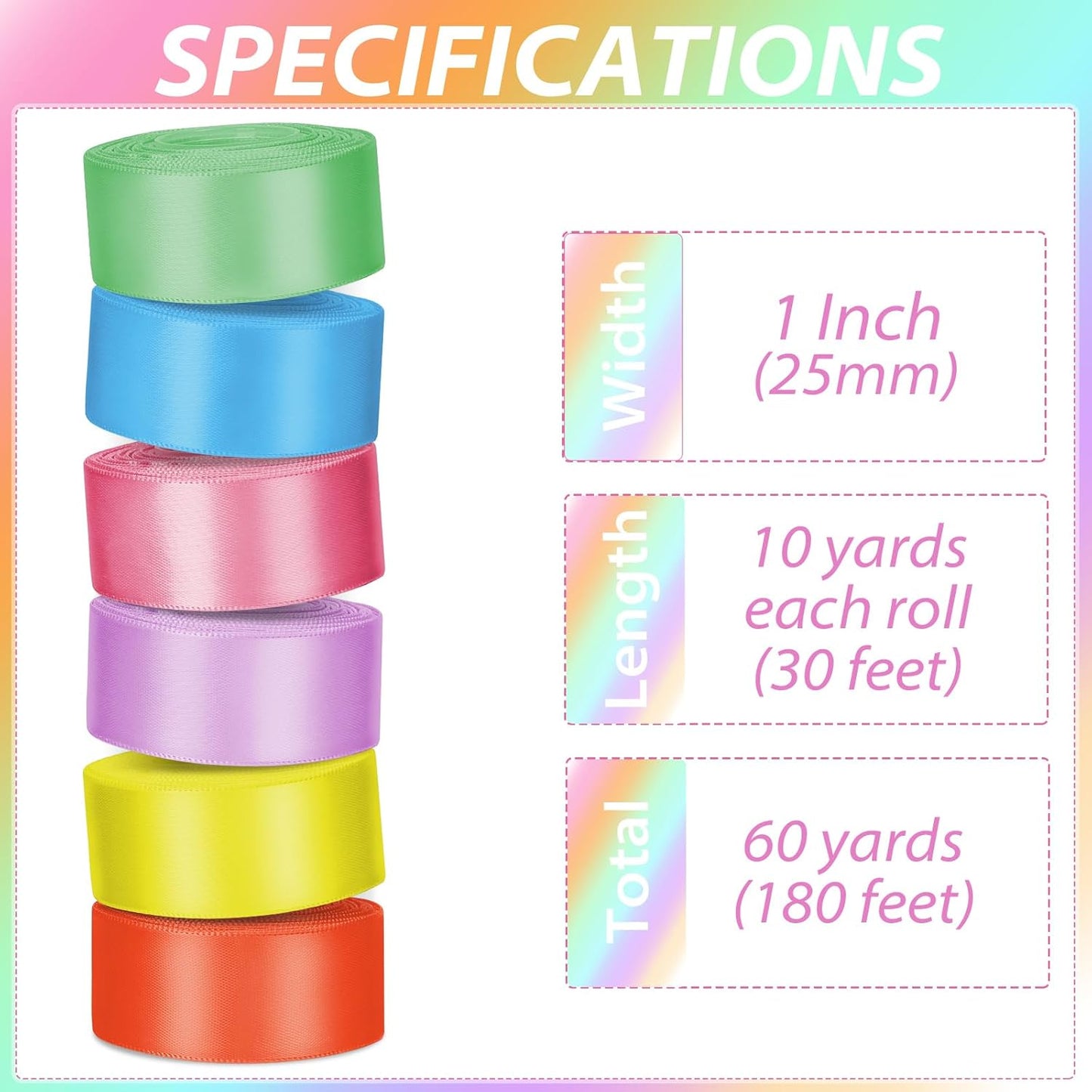 1 Inch Rainbow Satin Ribbons for Crafts, 6 Rolls Single-Faced Rainbow Assorted Ribbons for Gift Wrapping Flower Bouquet Wedding Invitations Bridal Shower Hair Bows Garland Party Decor