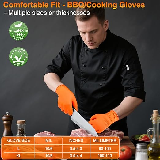 BBQ Gloves for Grilling Disposable Heat Resistant - 100 Nitrile Gloves + 4 Reusable Cotton Liners for Cooking Smoker -Orange XLarge