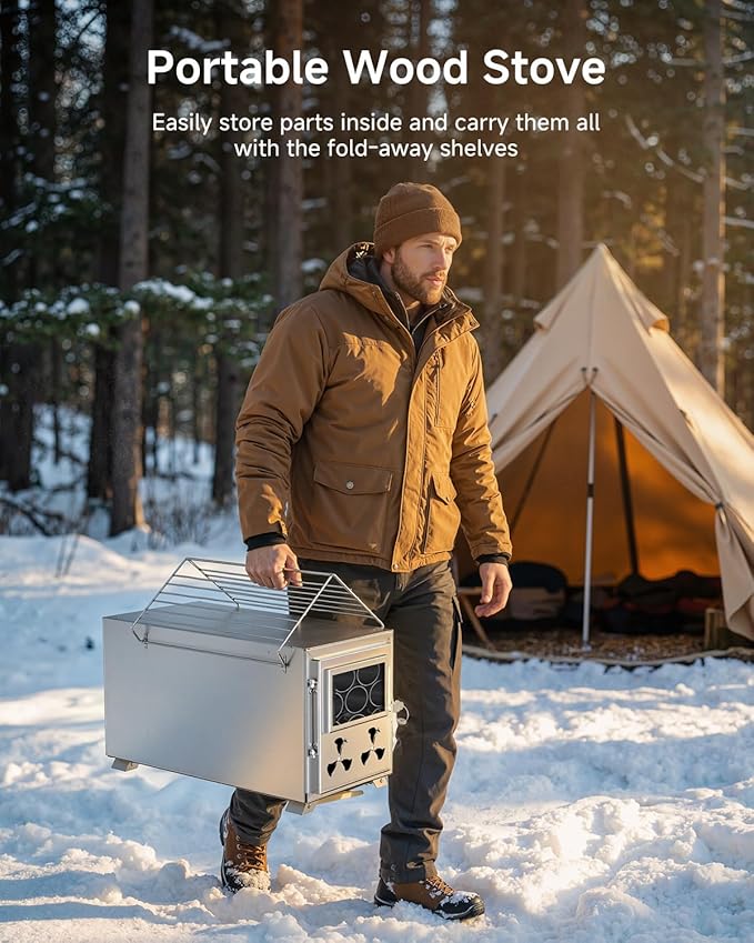 Hot Tent Wood Stove, Portable Camping Wood Burning Stove with 8 Stainless Chimney Pipes, Folding Wood Stove for Tent, Outdoor Heating, Cooking, Hunting, Ice Fishing