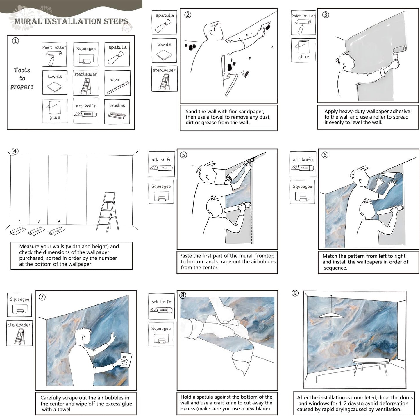 AFZEVEB-Abstract Blue Marble Wallpaper Wall murals for Bedroom 136"x96"(Not Peel and Stick)