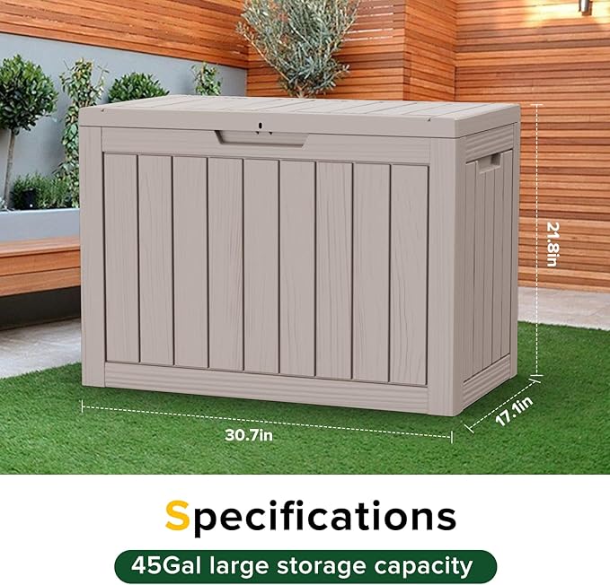 45 Gallon Resin Deck Box, Waterproof Outdoor Storage Box for Patio, Poolside, and Garden, Lockable UV-Resistant Storage Bin Bench Cabinet for Small Spaces, Grey