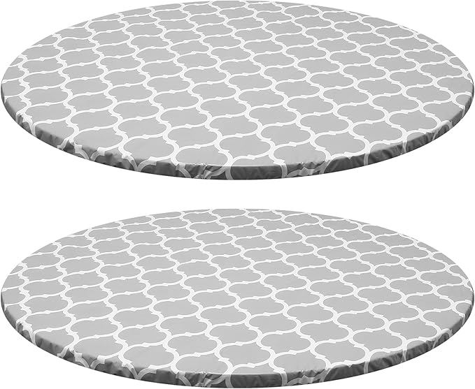 2 Pcs Round Picnic Tablecloth, Waterproof Elastic Fitted Table Covers, Elastic Edge Table Cover Indoor Outdoor Round Fits 43"-55" Round Table Cloth, Oilproof Wipeable Protector for Camping (Grey)