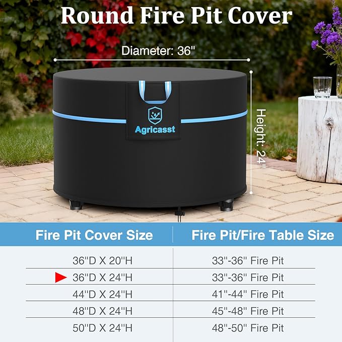 Round Fire Pit Cover for 33''- 36'' Fire Pit, 600D Heavy Duty Outdoor Firepit Cover Waterproof Patio Fire Table Cover with Air Vent, Handle, 4 Windproof Buckles, Drawstring - 36"Dia x 24"H