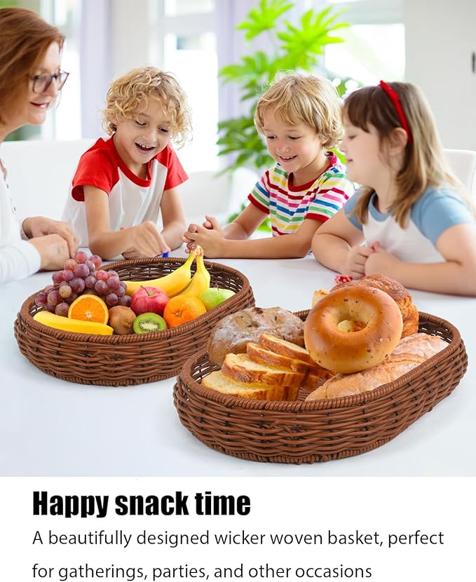 Woven Bread Basket, 3 Pack Wicker Fruit Baskets Rattan Bread Basket Poly Wicker Bread Baskets With Handles For Food Serving, Display, Vegetables, Home Kitchen, Restaurant, Outdoor (Oval set)