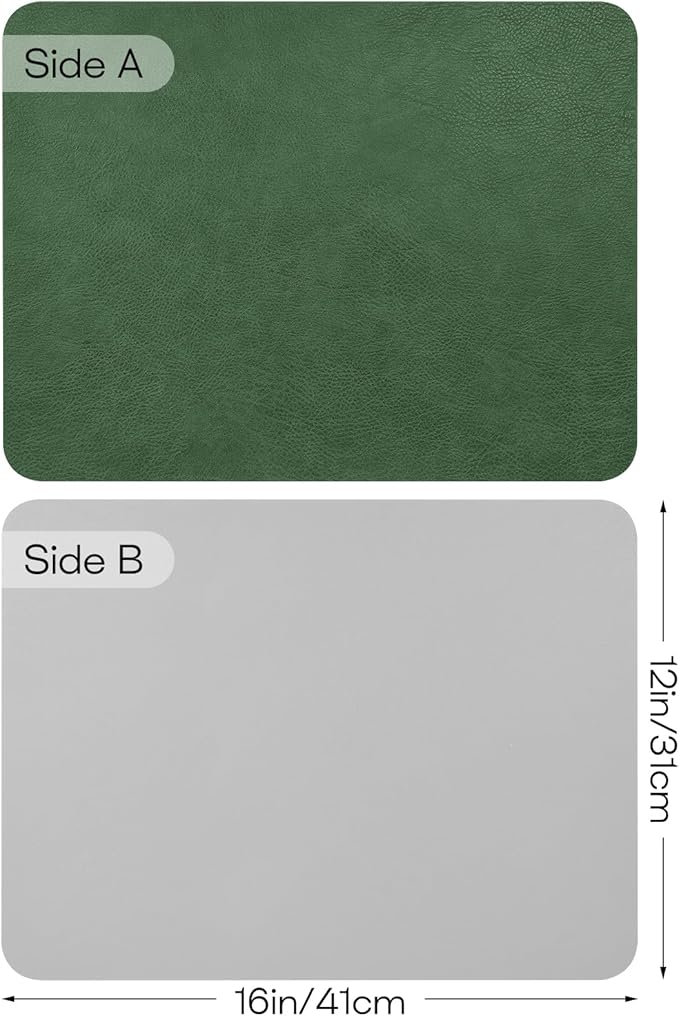 Faux Leather Placemats Set of 6 Table Mats Heat Resistant Reversible Place Mats, Waterproof Wipeable Dining Table Placemats for Home Party Outdoor, 15.8 × 11.8 inches (Green/Grey)
