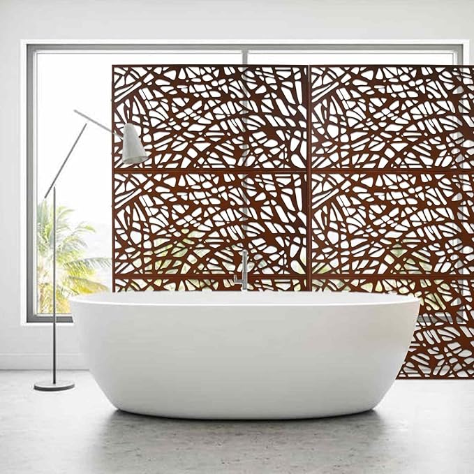 Outdoor Decorative Metal Privacy Screen Panel, 48" L x 16" W x 76" H, Steel Partition for Garden, Patio, and Backyard, Freestanding with Stable Base, Modern Geometric Design, Rust Red