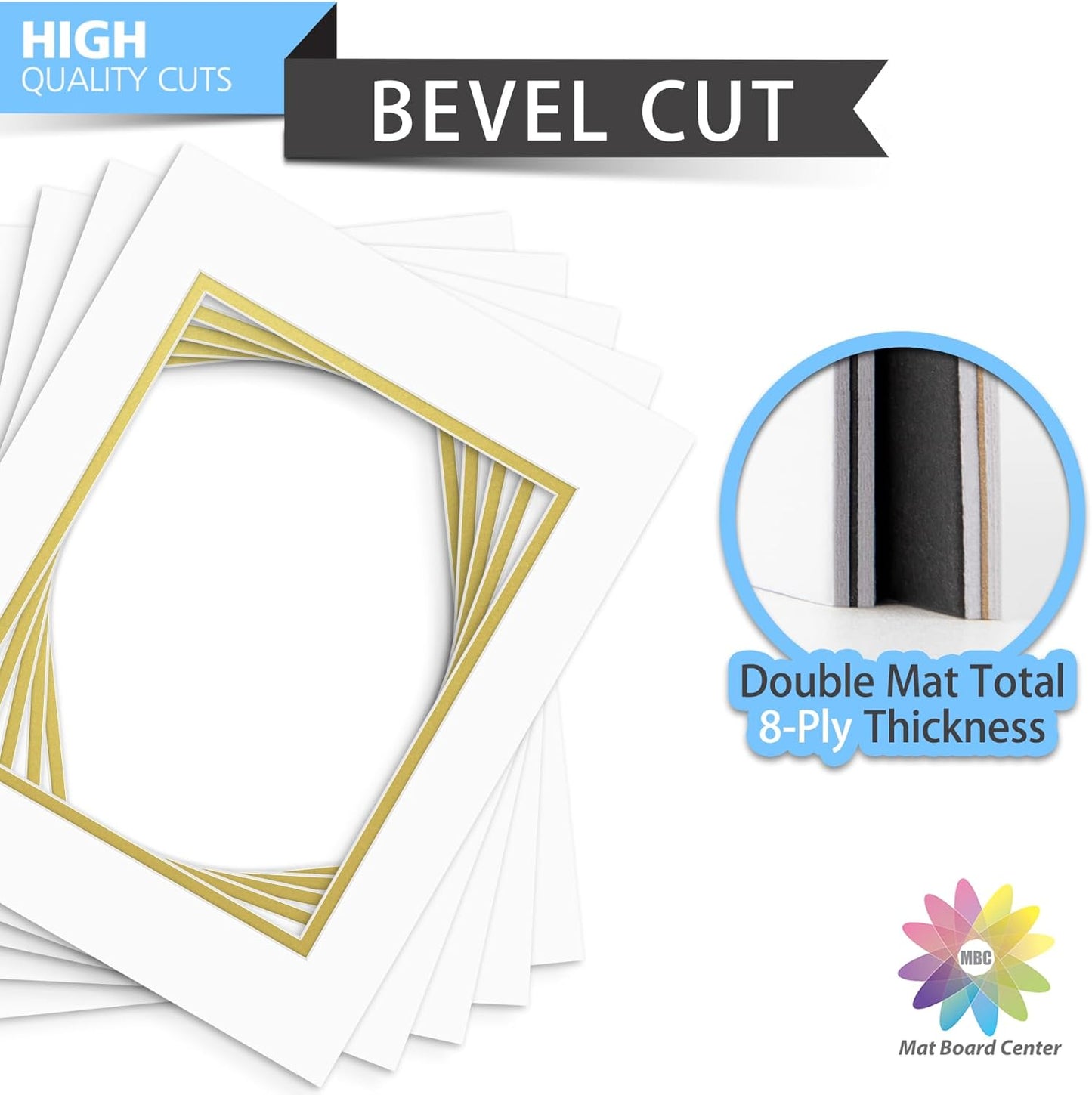 Mat Board Center, Double Mat - Acid Free, 8-ply Thickness, White Core - for Pictures, Photos, Framing (Off White Over Gold, 11x14 for 8x10, Pack of 5)