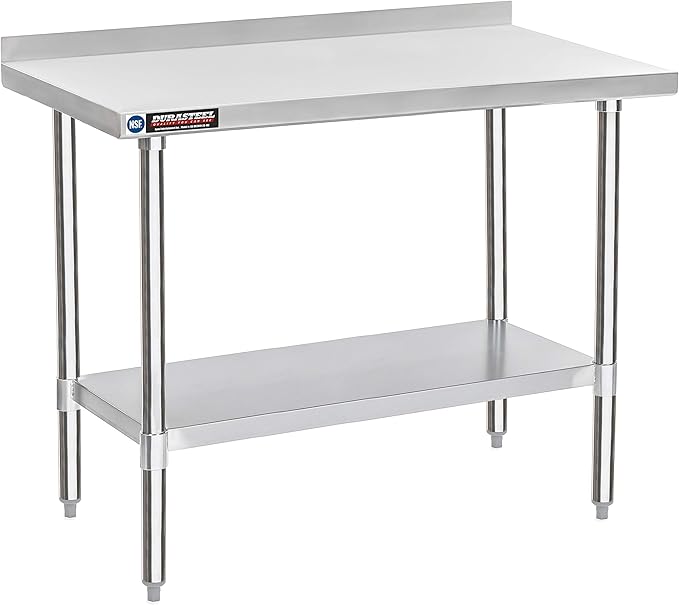 DuraSteel NSF Commercial Kitchen Table - 24 x 48 Inch Cooking Prep Stainless Steel Kitchen Island Workstation w/ Adjustable Under Shelf - Heavy Metal Backsplash Workbench For Restaurant, Home, Garage