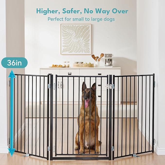 No Pawblems Free Standing Dog Gate with Door, 36'' Tall Foldable Dog Fence for Indoor & Outdoor, Up to 78 Inch Extra Wide Puppy Gate for Stairs, Hallways, Doorways, Deck, Yard (Black, 3 Panels)