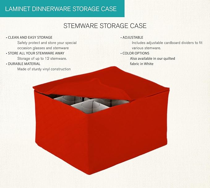 LAMINET Quilted Stemware Storage Case - Holds Up to 12 Stemware/Tall Glasses - RED