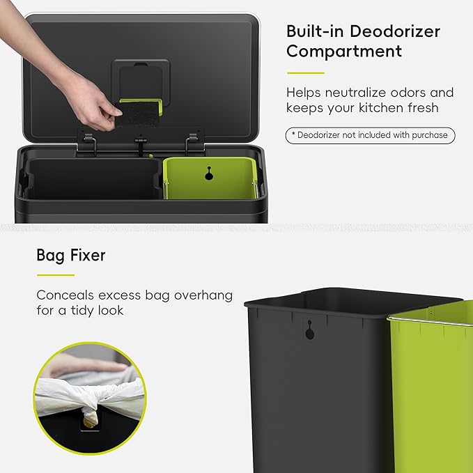 EKO EcoCasa II 36L+24L Dual Trash Can with Recycle Bin, Stainless Steel Garbage Can with Lid, Deodorizer Compartment, Odor-Proof and Fingerprint Resistant, Matte Black