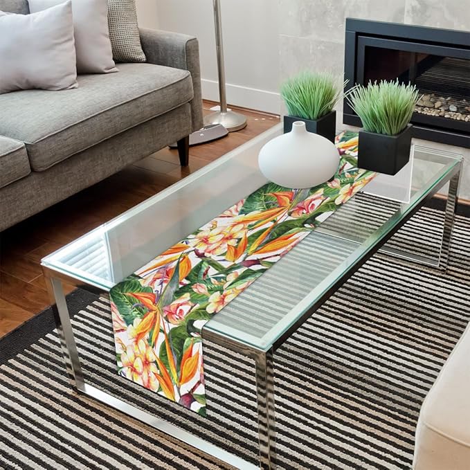 Tropical Exotic Flowers Bird Paradise Table Runner Kitchen Dining Table Runner 13*72in Table Center Decor for Indoor Outdoor Home Holiday Party