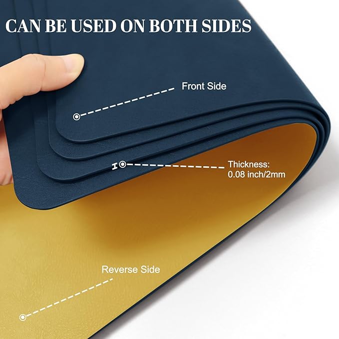 BLESWIN Faux Leather Placemats, PU Dining Table, Waterproof and Oil Resistant Easy to Clean, Heat Resistant Reversible Use Table Mats for Kitchen, Dining Table,Outdoor – 12 × 17 Inch, Dark Blue&Yellow
