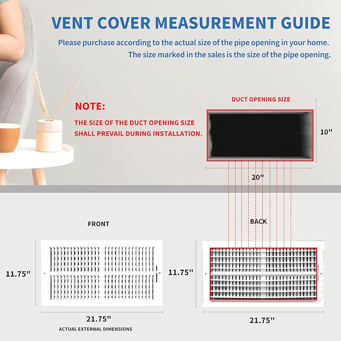 20x10 Vent Register [Duct Opening], Vent Covers for Home Ceiling, Two-Way Ventilation Register, Adjustable Solid Steel Wall Register Vent Cover (20"W x10"H [Duct Opening])