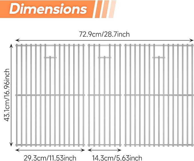 16.96 inch Stainless Steel Cooking Grates for Nexgrill 720-0882A Evolution Infrared Plus 5-Burner, Stainless Steel Gas Grills Grates Replacement Parts, Solid Rod Grill Cooking Grids, 3 Pack