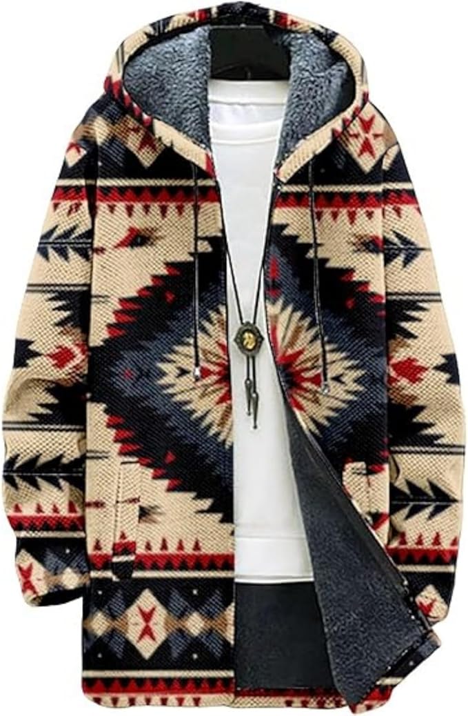 Men's Hooded Sweater Coat Knit Fleece Lined Long Cardigan Jacket with Zip Front Pocket Vintage Casual Zip Up