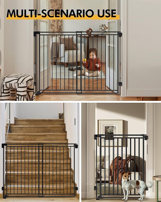 Baby Gate for Stairs Doorways & Kitchen, Extra Wide 32"-54" W x Extra Tall 39" H, No Bottom Bar Dog Gate, One-Handed Auto-Close, Hardware Mount Safety Gate for Dogs & Toddlers, Black