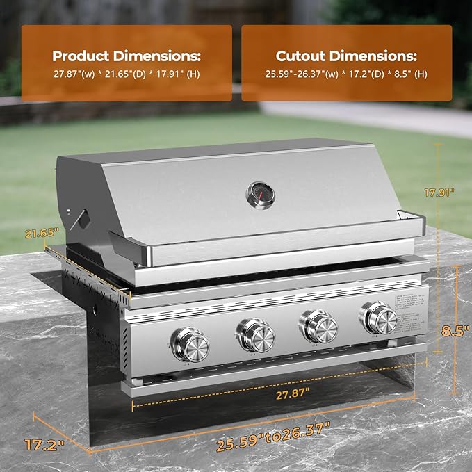 Premium Built In 4 Burner Propane Gas Grill, ALL-Thickened 304 Stainless Steel, 32,000 BTU with 516sq.in. Cooking Space, Baking Tray & Grates,for Patio Backyard Parties Barbecue