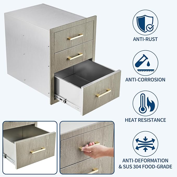 Stainless Steel Outdoor Kitchen Triple Drawers 18" W x 23" D x 23" H - Heavy Duty with Handles, Weather-Resistant Flush Mount for BBQ Island, Patio Grill & Outdoor Cooking Space