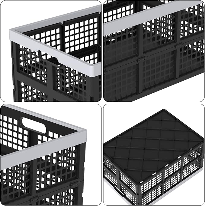4 Pack Collapsible Plastic Storage Crates, Utility Folding Milk Crates, Folding Basket, 66 L