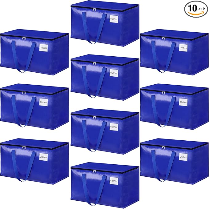 StorageRight Heavy Duty Moving Boxes-Moving Bags with Zipper, Reinforced Handles and Tag Pocket-Collapsible Moving Supplies-Totes for Storage Great for moving, Storage and Travel 93L(Blue-10 Pack)