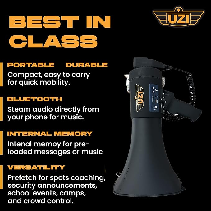 Uzi High Power Loud Big Bluetooth Megaphone 50W, Professional Bullhorn Megaphone Used by First Responders, Police & Agencies, Rechargeable Battery, PA System, Outdoor Activitie