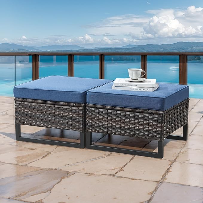 HUMMUH Outdoor Ottomans for Patio Set of 2 PE Wicker Outdoor Footstool with Removable Weather-Resistant Cushions for Patio, Backyard