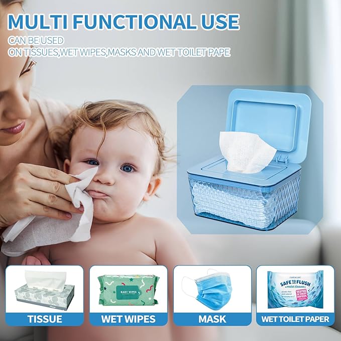 Wipes Dispenser, One-Handed Operation Wipe Holder for Baby & Adult, Seal-Designed Wipes Container for Bathroom Keep Diaper Wipes Fresh (Blue)
