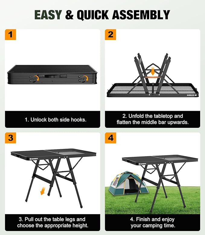 Foldable Grill Table with Mesh Desktop, 200lbs 3Ft Portable Folding Table, Height Adjustable Metal Table for Ourdoor, Camping, Picnic, BBQ and Beach, RV, 35.4" L x 23.6" W