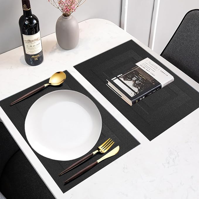 PIGCHCY Placemats,Washable Woven Vinyl Durable Placemats for Dining Table,Easy to Clean Plastic Placemats Set of 6 (18 x 12 inches, Pure Black)