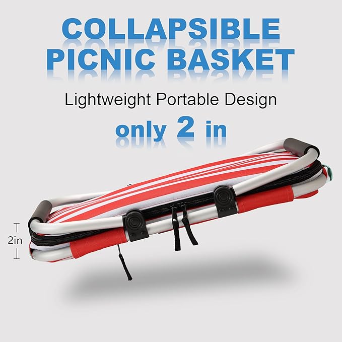 SIYUAN Picnic Basket with Handles 30L Leakproof Insulated Cooler Stripped Grocery Shopping Market Tote for Family Red White
