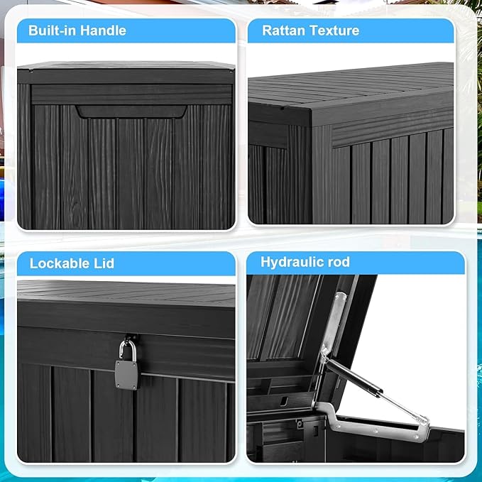 200 Gallon Resin Deck Box, Waterproof Outdoor Storage Box for Patio Furniture, Garden Tools, and Pool Accessories, Lockable UV-Resistant Storage Bin Bench Cabinet for Outside, Black