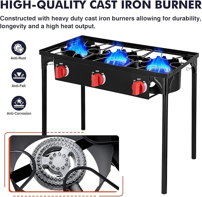 Llamaviva 3 Burner Gas Stove, Propane Outdoor Stove with Removable Legs,Auto Ignition Button&Regulator, 225,000 BTU,Propane Burners for Outdoor Cooking, Camping&BBQ Cookouts