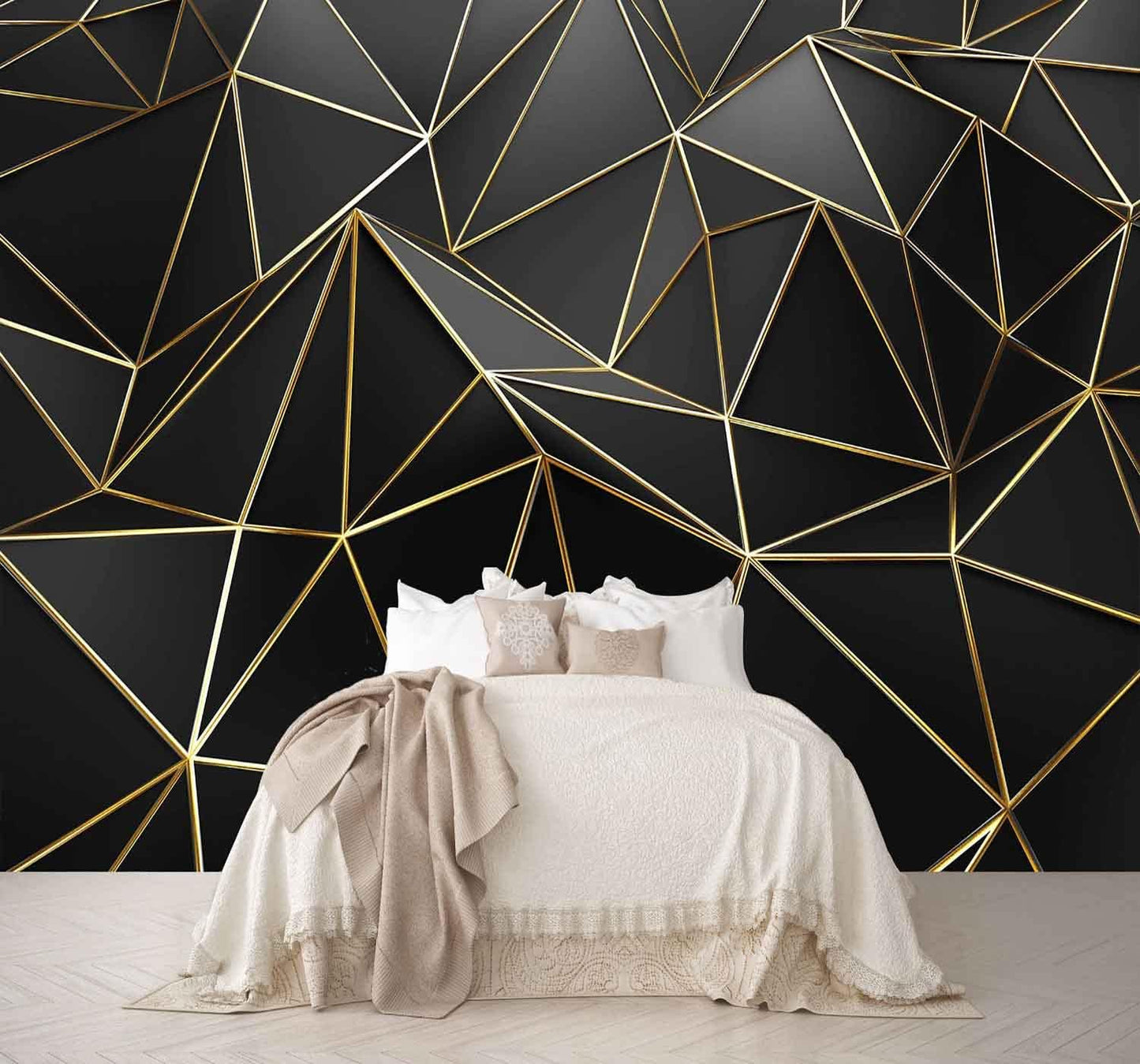 Black and Gold Wallpaper 3D Abstract Geometric Wall Mural for Bedroom Living Room TV Background Wall（Not Peel and Stick）
