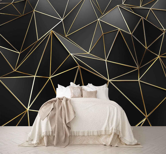Black and Gold Wallpaper 3D Abstract Geometric Wall Mural for Bedroom Living Room TV Background Wall（Not Peel and Stick）
