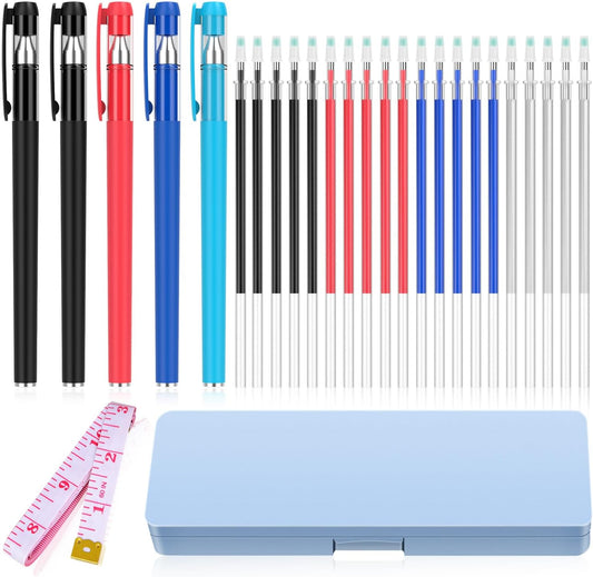 fabric markers for sewing, heat erasable pens for fabric sewing and quilting, 5 pens + 20 refills, embroidery fabric pen, disappearing ink pen for fabric, tailors marking, sewing supplies.
