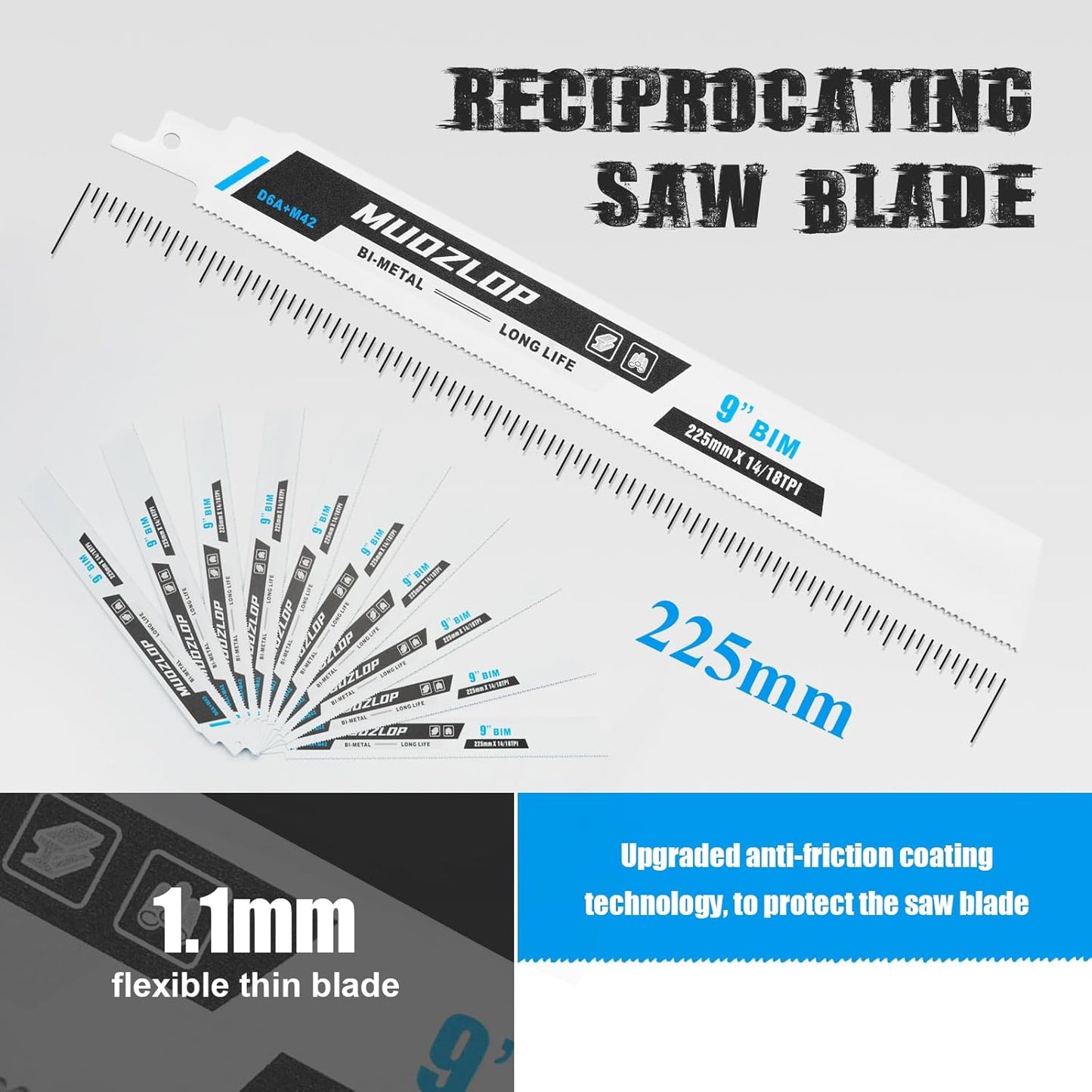 10 Pack 9 inch Reciprocating Saw Blades Set,14/18TPI High Carbon Saw Blades, Metal Saw Blades with Organizer Case (10, 14/18TPI/225mm)